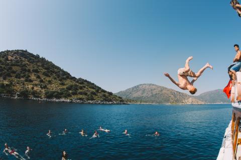Man doing a backflip into the mediterrean sea in Turkey