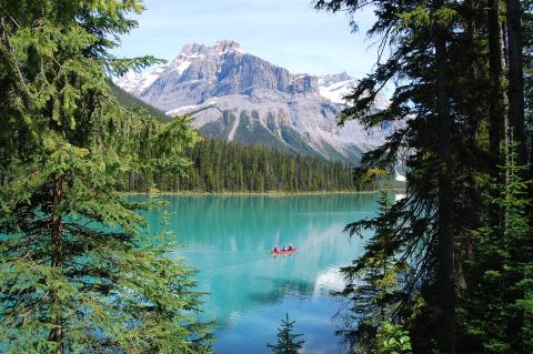 A canoe on Emerald Lake with mountains in the back