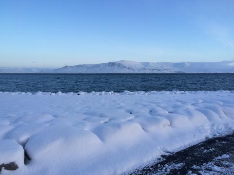 Thick snow in Iceland and icy waters around it