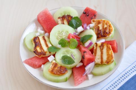 A plate of halloumi and watermelon