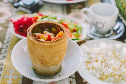 A pottery kebab (a cylinder pot with veg in it)