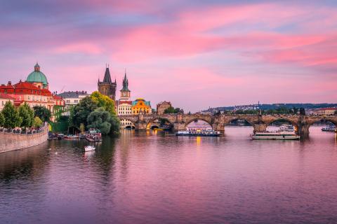 The Charles Bridge in Prague at pink sunset