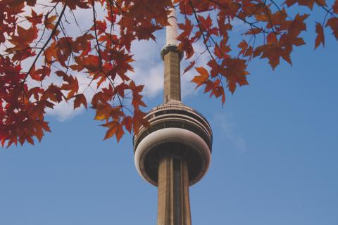 A close up of the CN Tower in Toronto, Canada