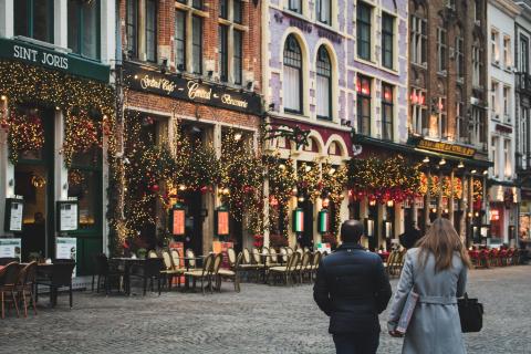 A row of shop fronts at christmas time