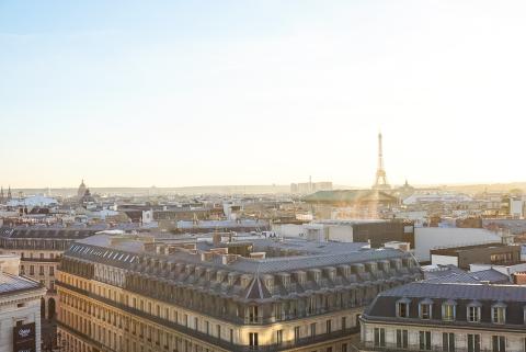A rooftop view which shows The Eiffel Tower in the distance