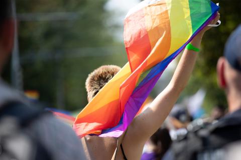 A person holding up a Pride flag