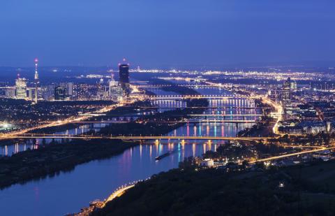 The Danube River in Vienna at night