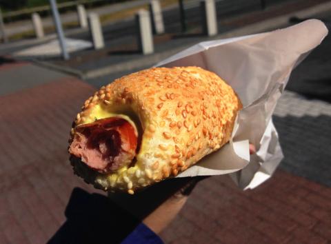 Someone holding an hot dog. The bun is seeded