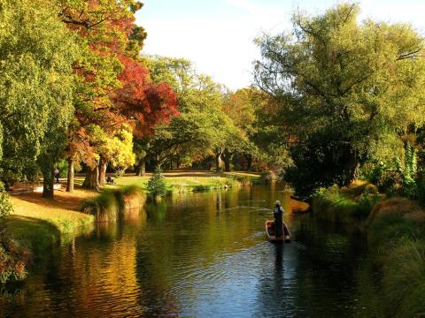 A person standing on a small boat on the River Avon in Christchurch, New Zealand