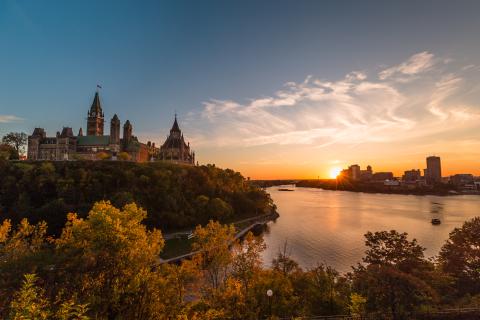 Sunset over a lake and houses