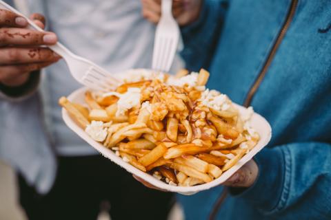 A large plate of cheese with gravy and cheese sprinkled on top of it