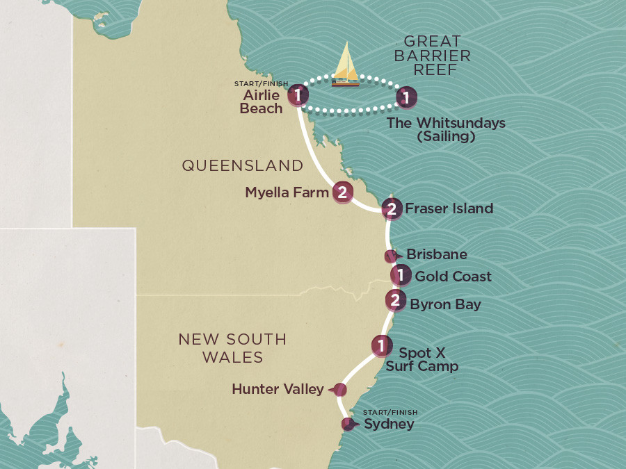 Map of East Coast Cruisin (Ex Whitsundays) 2020-21 | Topdeck