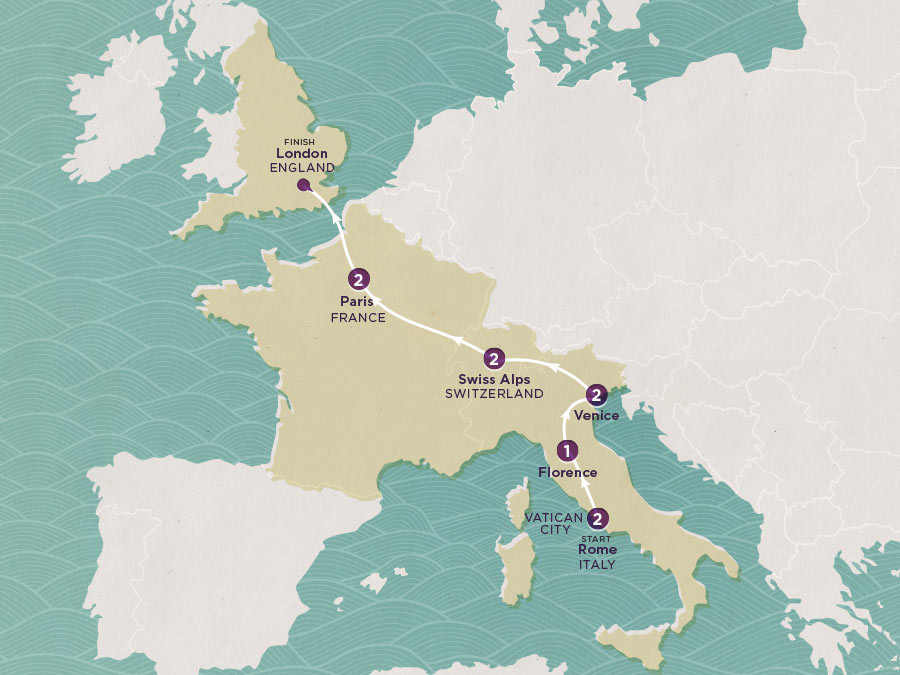 Play & Pause: Italy, Switzerland & France map