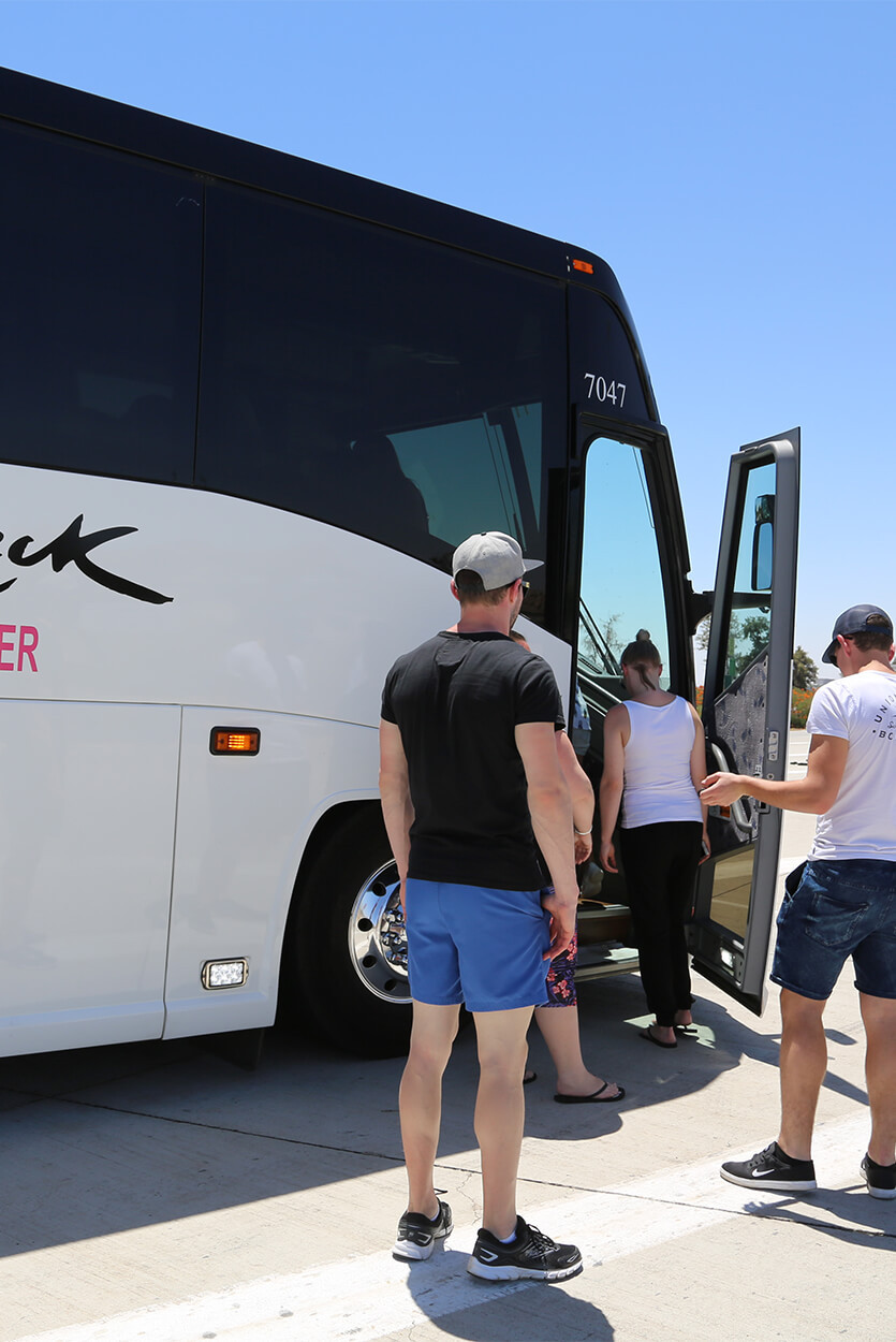 Topdeck tour bus, open for travelers to come aboard.