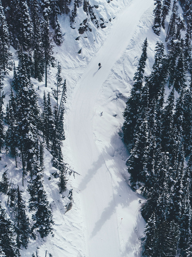 People snowboarding down the slopes of the Rocky Mountains.