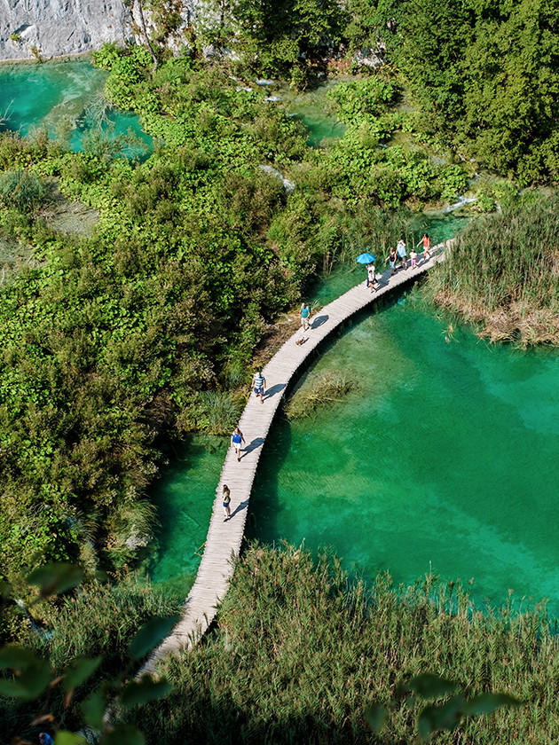 An overhead view of Plitvice Lakes National Park and it's greenery.