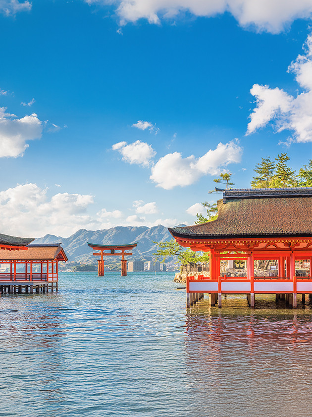 A view of the Itsukushima shrine and it's Torii Gate at Miyajima.