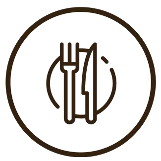 Outlined black icon of a knife, fork and plate.