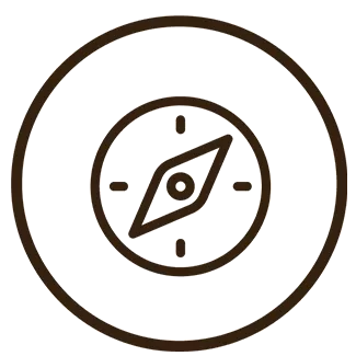 Outlined black icon of a compass.