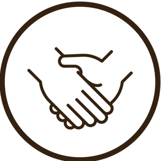Outlined black icon of a handshake.