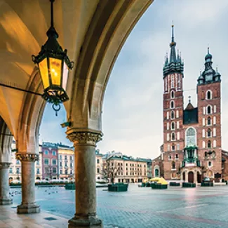View of church from Main Market square in Krakow
