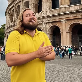 Person wearing Topdeck uniform smiles in front of the Roman colosseum with their hands clasped together.