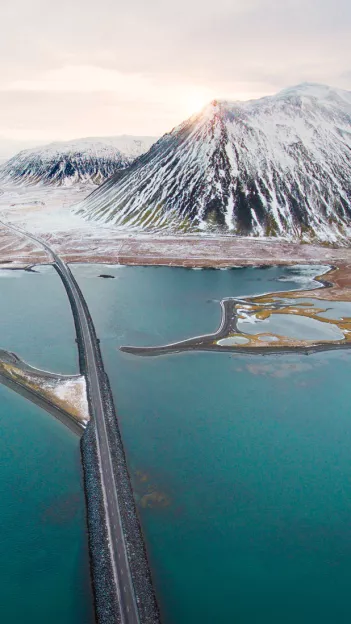 Kolgrafarfjörður fjord and bridge on the Snæfellsnes Peninsula in Iceland.