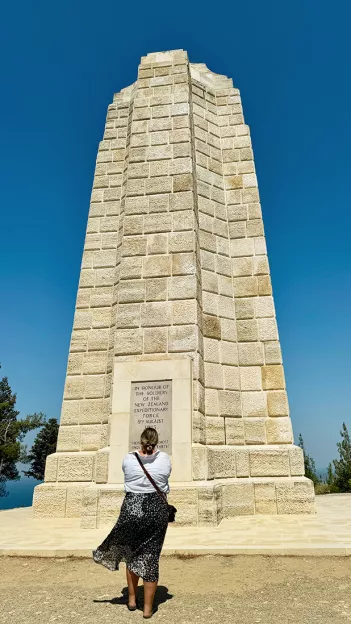 Person standing in front of the New Zealand Chunuk Bair Memorial at Gallipoli.