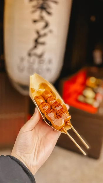 Hand holding Mitarashi Dango dumplings on skewer sticks with a sticky glaze.