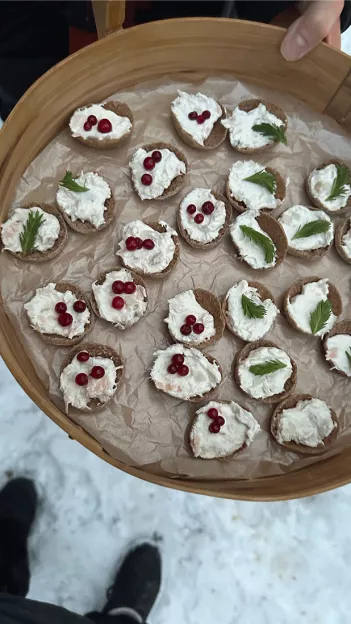 Plate of small round Scandinavian treats with cream cheese, red berries and a green herb.