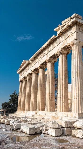 Stone pillars of the Parthenon temple at the Acropolis of Athens.