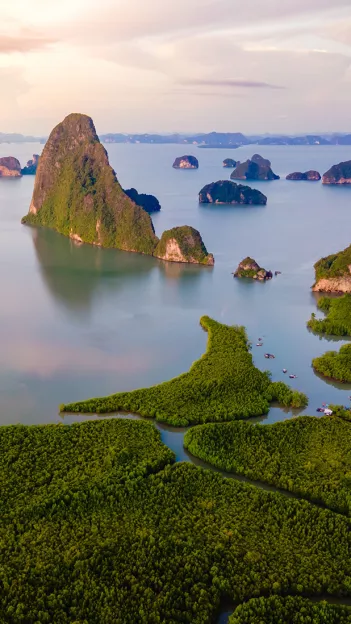 View of rock formations within Phang Nga Bay in Thailand.