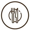 A black and white cartoon icon of a knife and fork