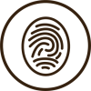 A black and white cartoon icon of a finger print