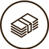A black and white cartoon icon of a stack of cash