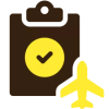 Icon of a clipboard with a tick in the center and a plane icon in front of it.