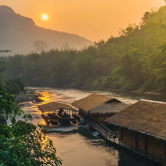 River Kwai Jungle Rafts, a floating hotel on the Kwai Noi River in Sai Yok, Kanchanaburi Province.
