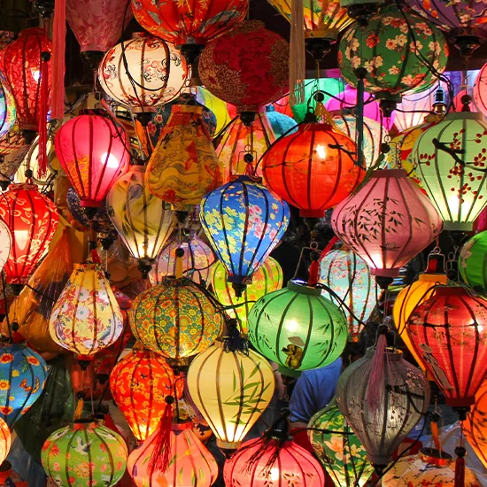 Group of silk Hoi An lanterns in different colours.